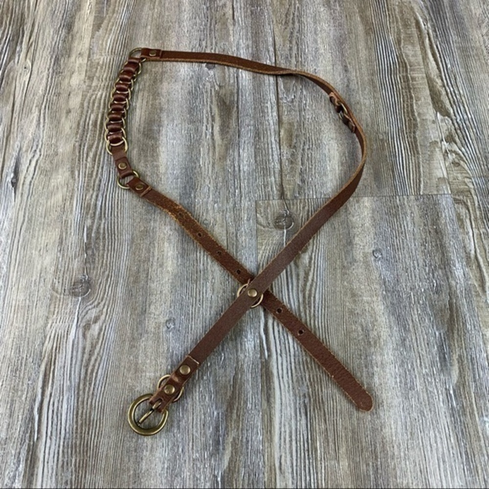 Brown Leather Brass Tone Hardware Belt - Picture 12 of 12